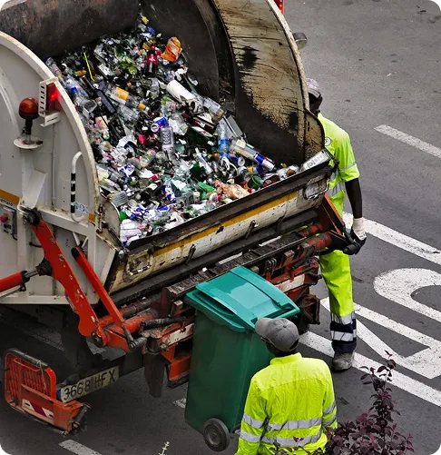 Bin truck and workers